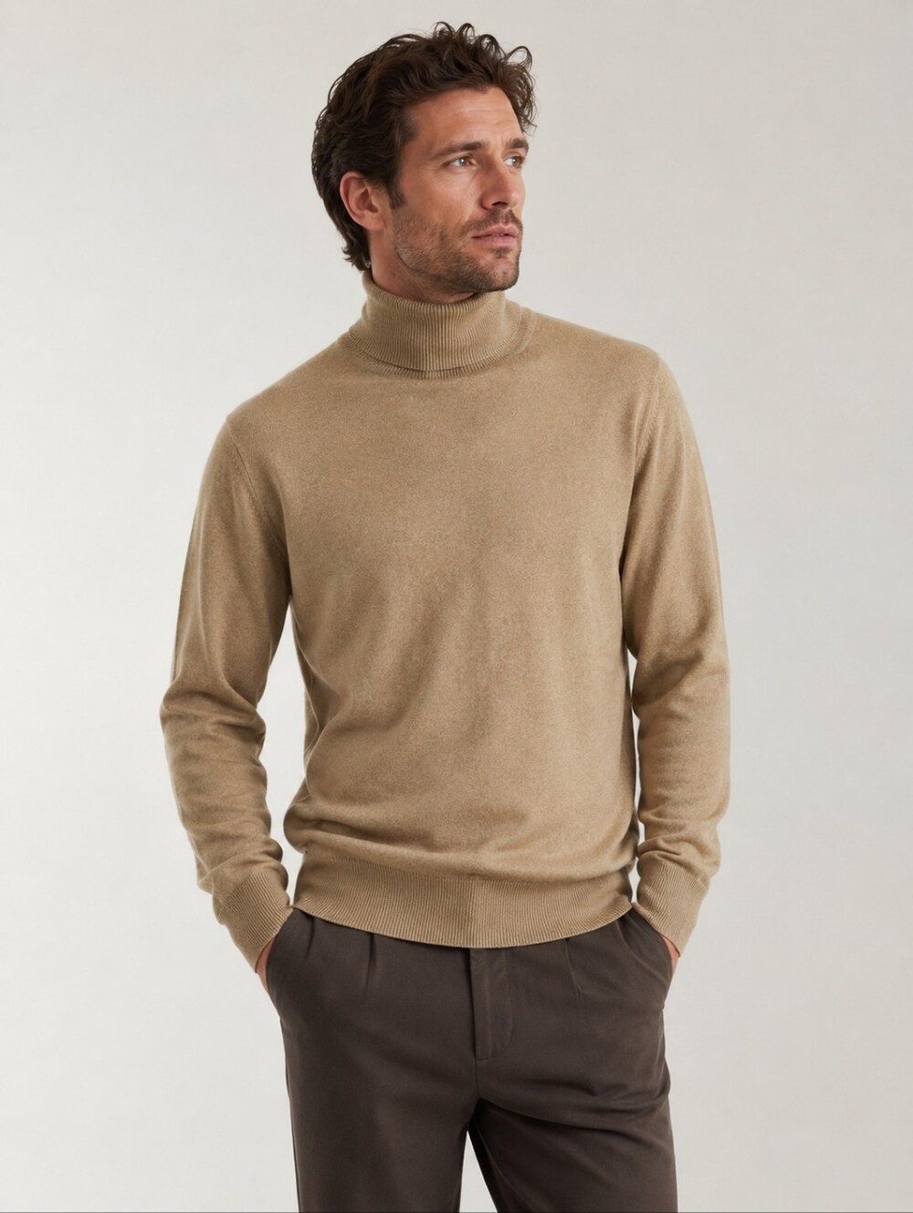 Allen Silk Cashmere Turtleneck Sweater Tan Beige Unisex Minimalist Size LSoft